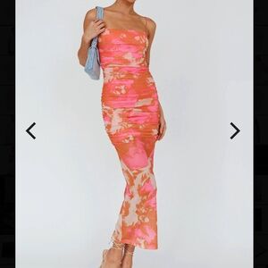 LOGAN CAMI STRAP MIDI DRESS FLOWER pink orange mesh